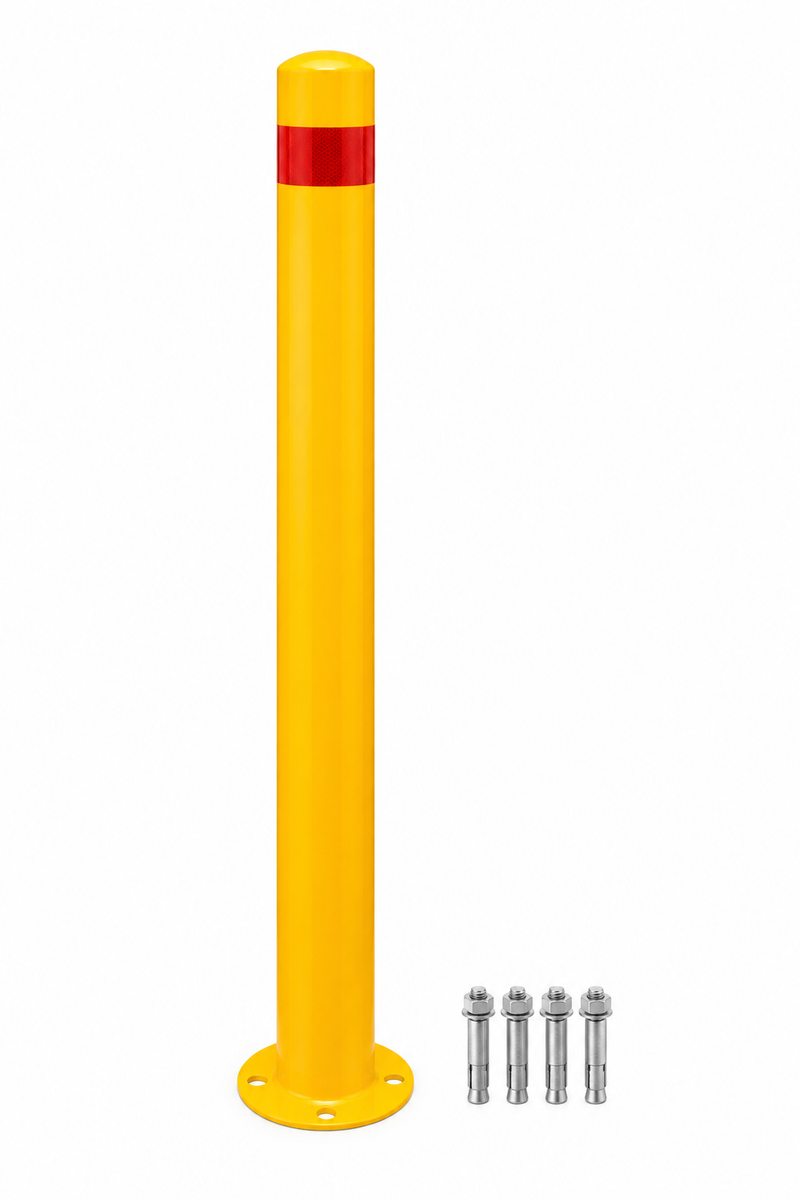 ASE Technology Galvanised Steel Safety Bollard Yellow Colour 900mm with 4xAnchor Bolts
